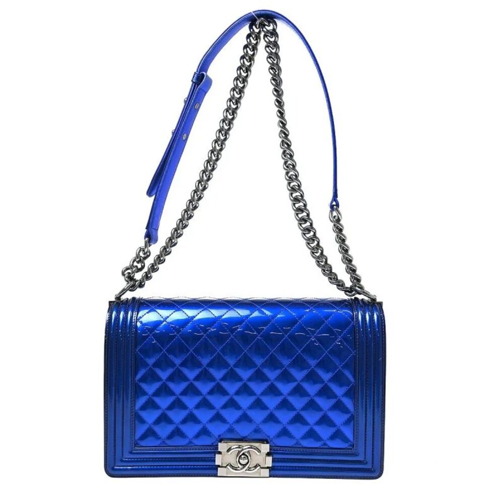 Chanel Boy Flap Quilted Patent Blue Patent_Leather Shoulder Bag Bag